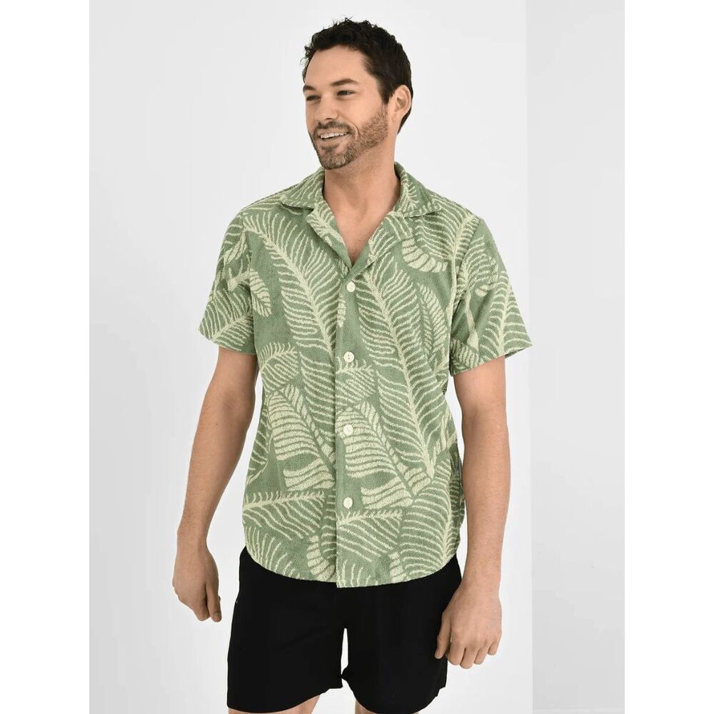 OAS Banana Leaf Cuba Terry Short Sleeve Button Down Shirt Men's Size Small